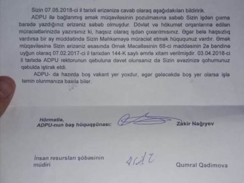 Universitetdən uzaqlaşdırılan müəllim müraciət ünvanladı - MƏTN  
