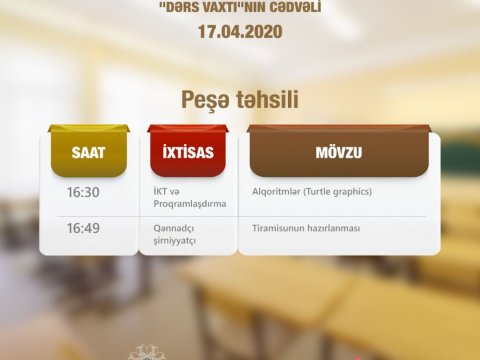 Peşə təhsili üzrə teledərsin sabaha olan cədvəli