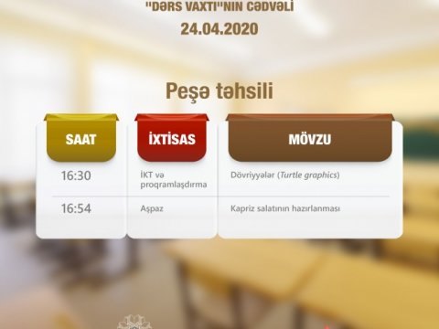 Peşə təhsili üzrə teledərslərin aprelin 24-ü üçün cədvəli müəyyənləşdirilib  