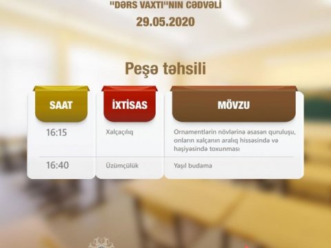 Peşə təhsili üzrə teledərslərin mayın 29-u üçün cədvəli