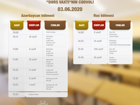 Teledərslərin sabahkı cədvəli