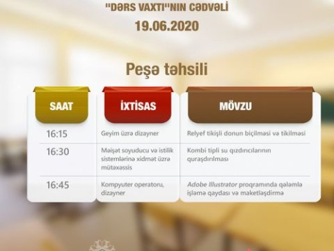 “Dərs vaxtı”nın peşə təhsili ilə bağlı sabaha olan cədvəli açıqlanıb