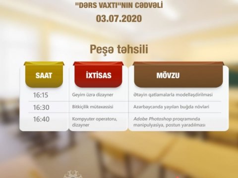 Peşə təhsili üzrə teledərslərin iyulun 3-nə olan cədvəli müəyyənləşdirilib