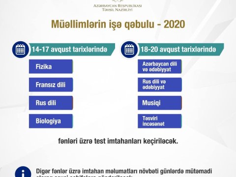 Müəllimlər 18-20 avqustda bu fənlər üzrə testdən keçəcəklər - MİQ müsabiqəsi