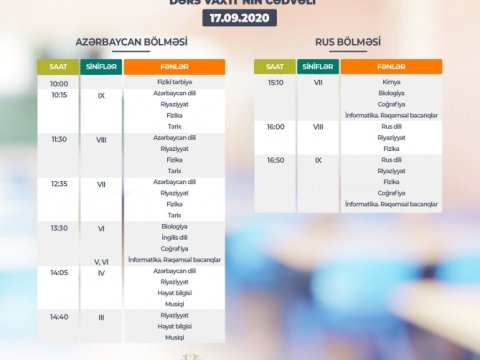 Sentyabrın 17-si üçün teledərslərin cədvəli açıqlanıb