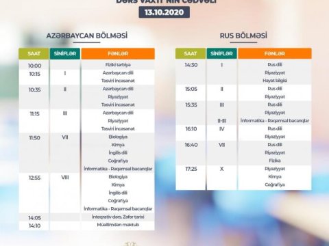 Teledərslərin oktyabrın 13-nə olan cədvəli