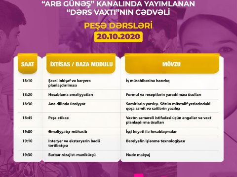 Peşə təhsili üzrə teledərslərin 20 oktyabr cədvəli