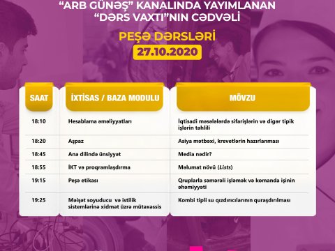 Peşə təhsili üzrə teledərslərin 27 oktyabr cədvəli
