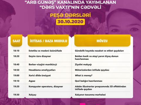  Peşə təhsili üzrə teledərslərin sabaha olan  cədvəli