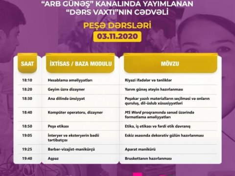 Peşə təhsili üzrə “Dərs vaxtı” proqramının noyabrın 3-nə olan cədvəli