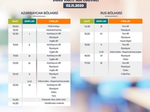 Teledərslərin noyabrın 2-nə olan cədvəli  