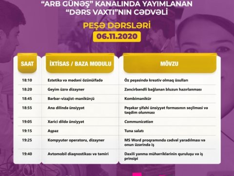 Peşə təhsili üzrə “Dərs vaxtı” proqramının sabaha olan cədvəli  