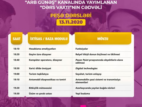Peşə təhsili üzrə teledərslərin sabaha olan cədvəli  
