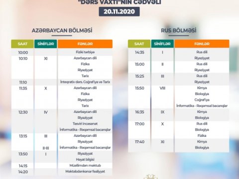 Teledərslərin noyabrın bu günə olan cədvəli açıqlandı    