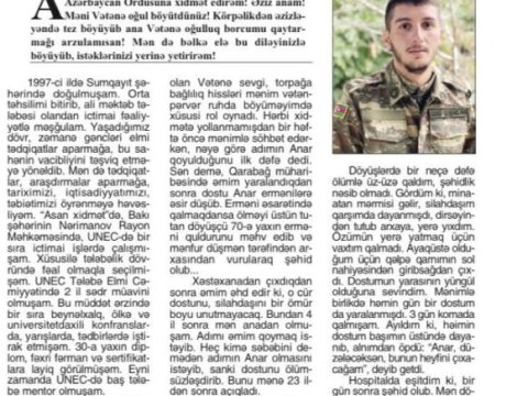 UNEC məzunu: Vətən üçün döyüşmək, qələbə çalmaq şərəfdir!
