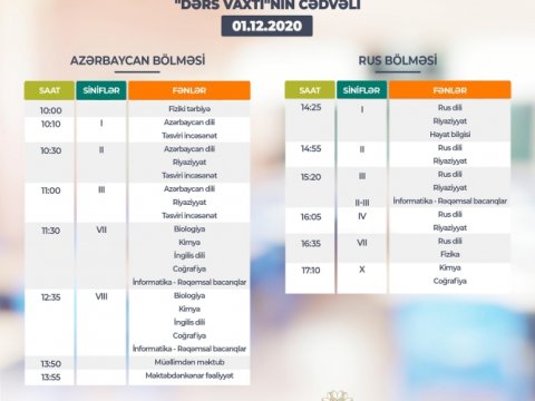 Teledərslərin dekabrın 1-nə olan cədvəli  