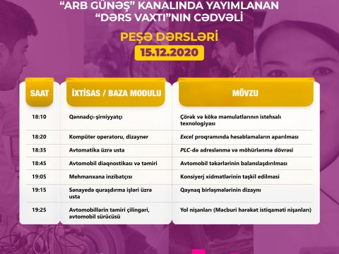 Peşə təhsili üzrə teledərslərin 15 dekabr cədvəli
