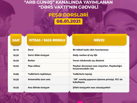 Peşə təhsili üzrə teledərslərin 8 yanvar cədvəli  