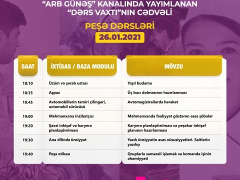 Peşə təhsili üzrə “Dərs vaxtı”nın yanvarın 26-na olan cədvəli  