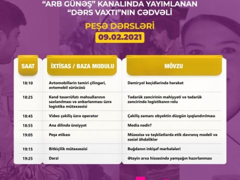 Peşə təhsili üzrə “Dərs vaxtı”nın fevralın 9-na olan cədvəli  