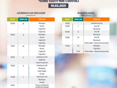 Teledərslərin bu günə olan cədvəli açıqlandı