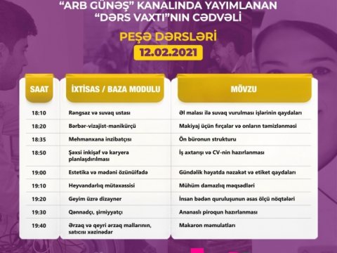 Peşə təhsili üzrə “Dərs vaxtı”nın fevralın 12-nə olan cədvəli  