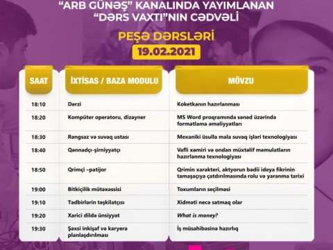 Peşə təhsili üzrə “Dərs vaxtı”nın fevralın 19-na olan cədvəli  