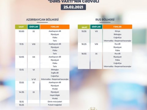 Teledərslərin fevralın 25-nə olan cədvəli  