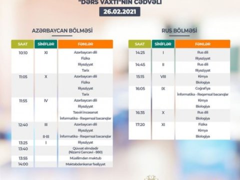 Teledərslərin fevralın 26-na olan cədvəli açıqlandı