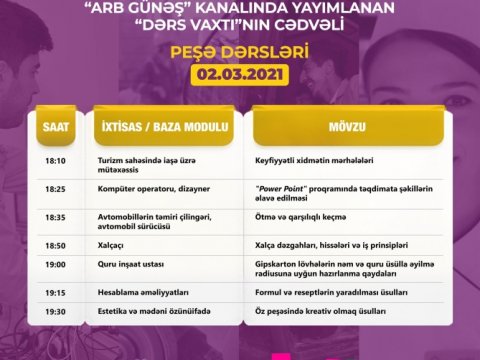 Peşə təhsili üzrə “Dərs vaxtı”nın martın 2-nə olan cədvəli açıqlanıb  