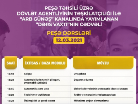 Peşə təhsili üzrə “Dərs vaxtı”nın bu günə olan cədvəli