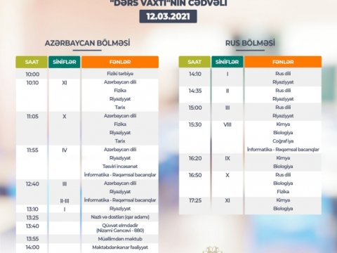 Teledərslərin martın 12-nə olan cədvəli