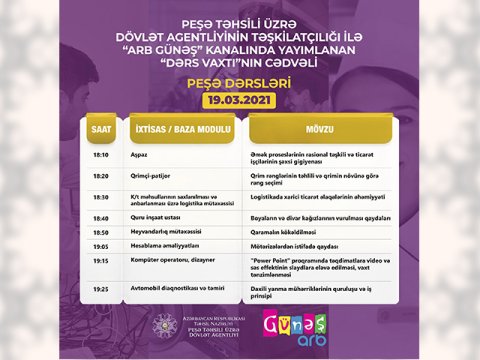 Peşə təhsili üzrə teledərslərin 19 mart cədvəli  