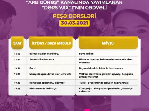 Peşə təhsili üzrə “Dərs vaxtı”nın martın 30-na olan cədvəli  