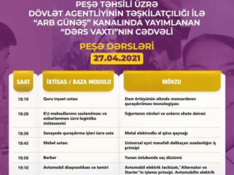 Peşə təhsili üzrə “Dərs vaxtı” proqramının aprelin 27-nə olan cədvəli müəyyənləşib