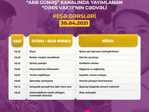 Peşə təhsili üzrə “Dərs vaxtı”nın bu günə olan cədvəli  