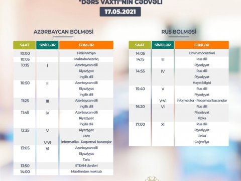 Teledərslərin mayın 17-nə olan cədvəli  