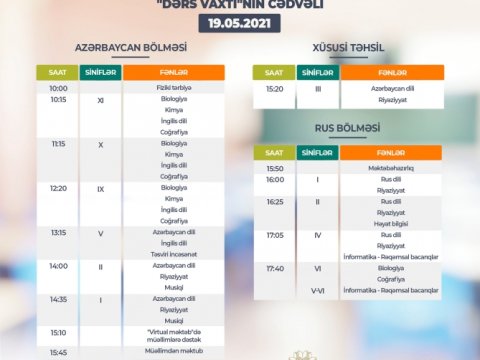 Teledərslərin mayın 19-na olan cədvəli  