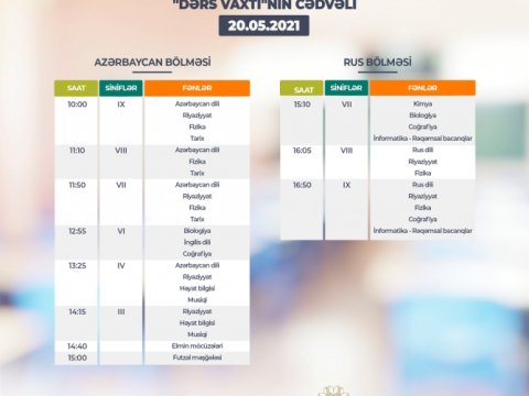 Teledərslərin mayın 20-nə olan cədvəli  