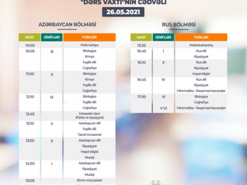 Teledərslərin mayın 26-na olan cədvəli    