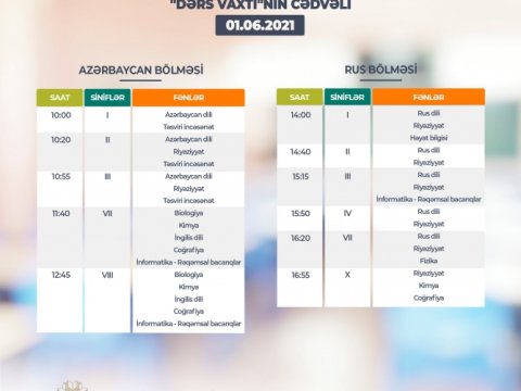 Teledərslərin bu günə olan CƏDVƏLİ  