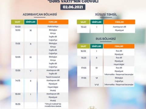 Teledərslərin iyunun 2-nə olan cədvəli  