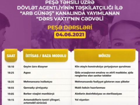 Peşə təhsili üzrə “Dərs vaxtı”nın iyunun 4-nə olan cədvəli