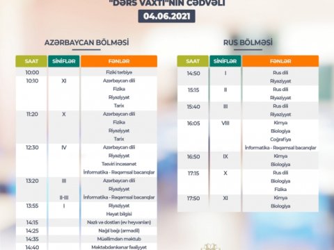 Teledərslərin iyunun 4-nə olan cədvəli  