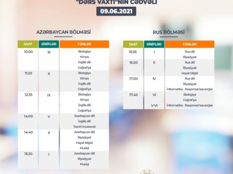 Teledərslərin iyunun 9-na olan CƏDVƏLİ  