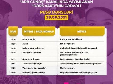 Peşə təhsili üzrə “Dərs vaxtı”nın iyunun 29-na olan cədvəli
