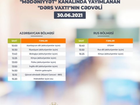Teledərslərin iyunun 30-na olan cədvəli  
