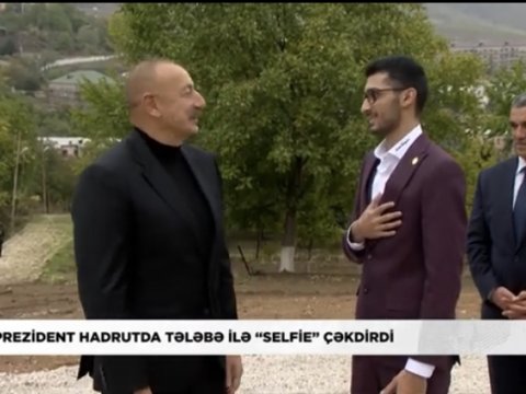 Prezident Hadrutda tələbə ilə selfi çəkdirdi-VİDEO