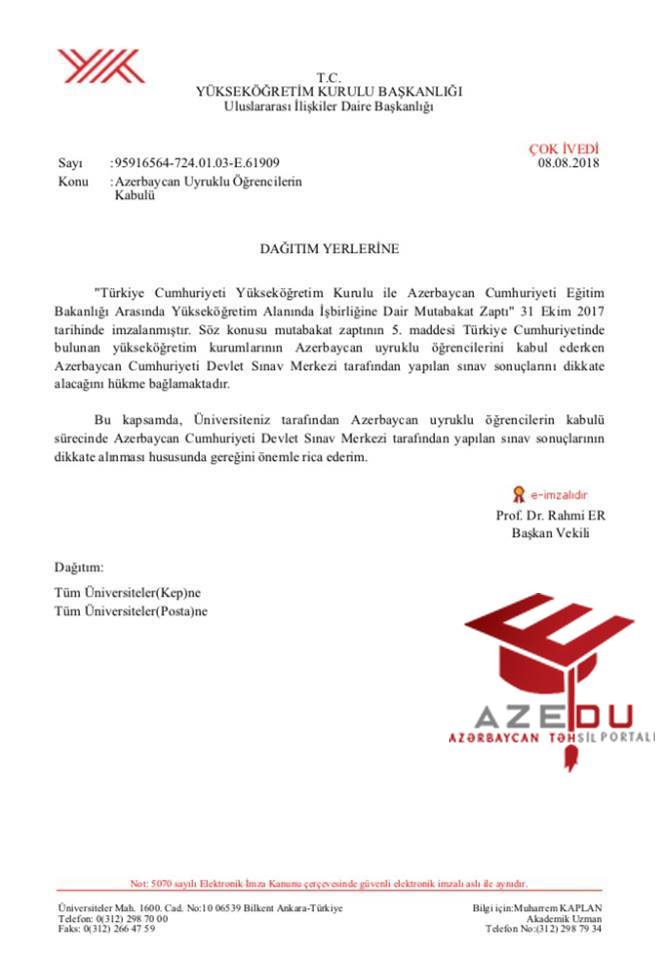 Azərbaycandan Türkiyə ali məktəblərinə attestatla qəbul dayandırılır - Rəsmi sənəd