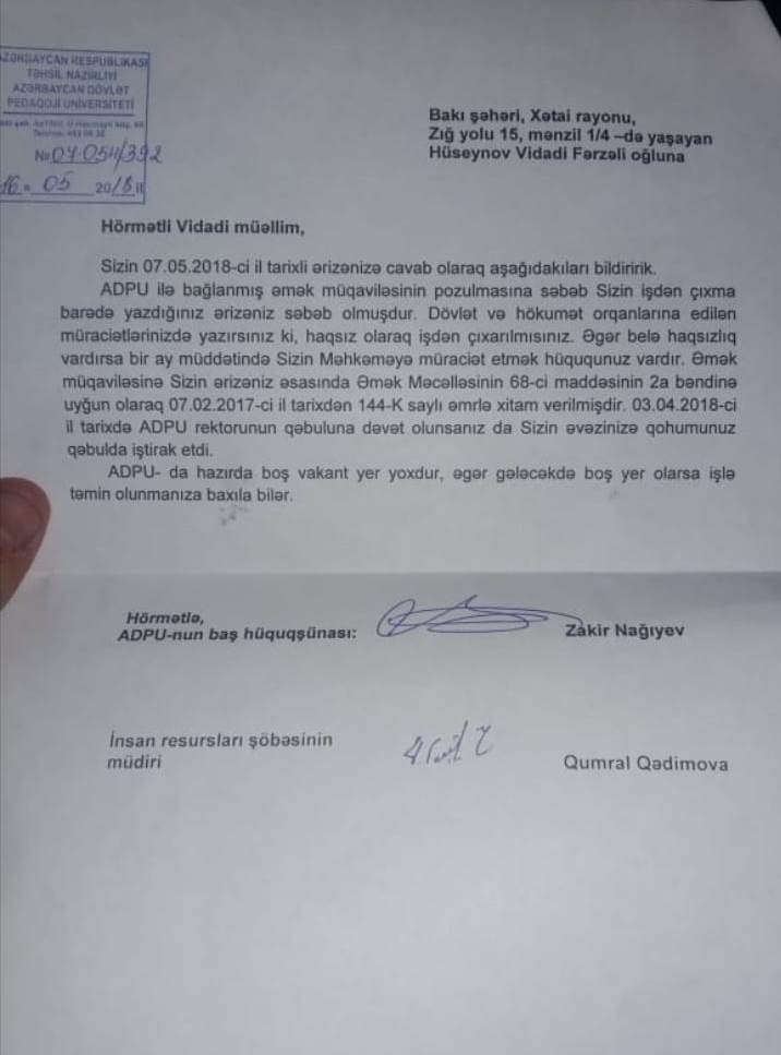 Universitetdən uzaqlaşdırılan müəllim müraciət ünvanladı - MƏTN  